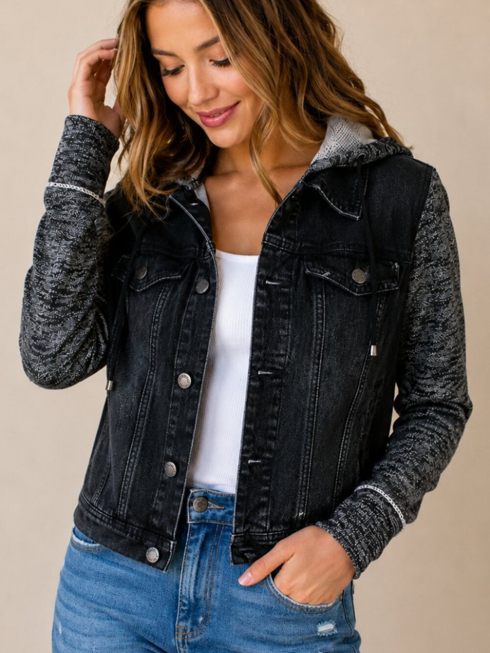 Free People 100% Cotton Hooded Denim Jacket Black Gray | XS